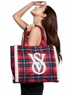 Victoria's Secret Red Plaid Tote with Logo Accent